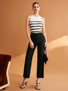 BizChic 女式无袖条纹印花紧身衣，黑白，修身，商务休闲，基本款办公室着装