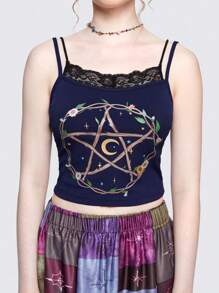 ROMWE Hippie Top de tirantes con estampado de luna y estrella con encaje en contraste - Azul Marino - Ver 2