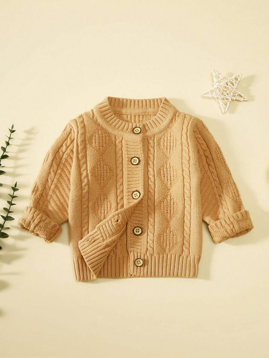 Bebé niño Cárdigan con botón delantero tejido de cable - Caqui - Ver 1