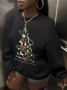 Slaydiva 卡通和標語圖案落肩袖運動衫 - 黑色 - 查看 4