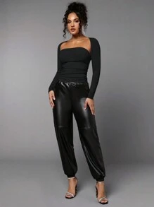 SHEIN BAE Solid Ruched Cut Out Detail Top - Black - View 3