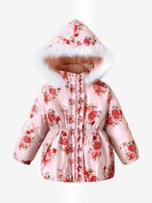 SHEIN Áo khoác độn có mũ trùm đầu in hoa cho cô gái trẻ - Hồng - Xem 3