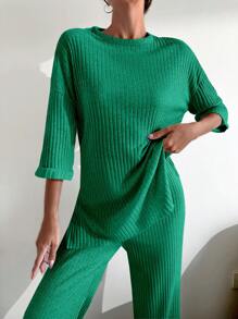 SHEIN Cottnline Drop Shoulder Tee & Pants - Green - View 5