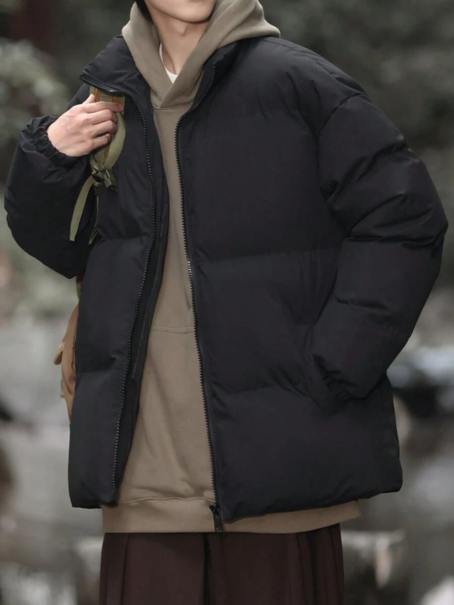 Manfinity Hypemode Ultra Loose Fit Men's Zip Up Padded Coat With Slant Pockets - Black - View 1