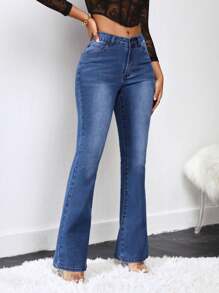 SHEIN Pantalones Acampanados De Mezclilla - Azul lavado medio - Ver 4