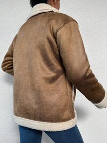 EURMUSE Lapel Neck Pocket Front Faux Shearling Coat - Brown - View 2