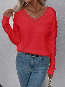 SHEIN Frenchy 鏤空蕾絲花邊鏤空插肩袖套頭毛衣 - 紅色 - 查看 3