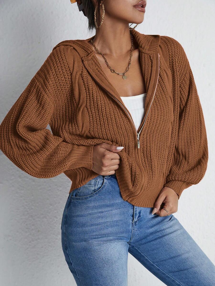 EURMUSE Drop Shoulder Zip Up Hooded Cardigan - Mocha Brown - View 1