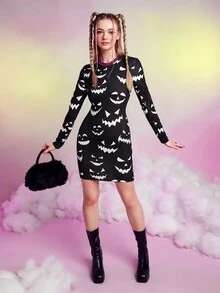 SHEINNeu Cartoon Graphic Bodycon Dress - Black and White - View 6