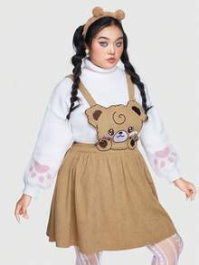 ROMWE Kawaii Plus Cartoon Embroidery Overall Dress Without Sweatshirt - Brown - View 6