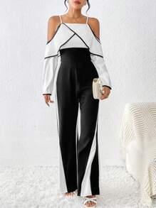 SHEIN Privé Mono de pierna ancha de dos tonos de hombros descubiertos unido en contraste - Blanco y Negro - Ver 5