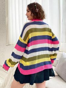 Flirla Plus Striped Colorblock Drop Shoulder Pointelle Knit Sweater Knit Pullover Fall Winter Sweater - Multicolor - View 2