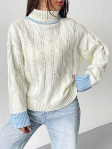 SHEIN EZwear Colorblock Cable Knit High Neck Sweater - White - View 5