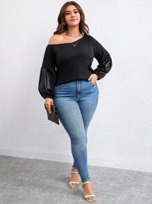 SHEIN LUNE Plus Asymmetrical Neck Lantern Sleeve Waffle Knit Top