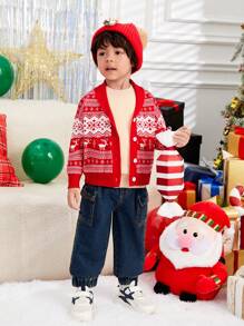 SHEIN 男小童聖誕麋鹿&幾何圖案青果領開襟衫 - 紅白色 - 查看 4