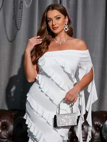 SHEIN Privé Hơn Một bờ vai Nhiều lớp Viền Ruffle Viền không đối xứng Đầm - trắng - Xem 5