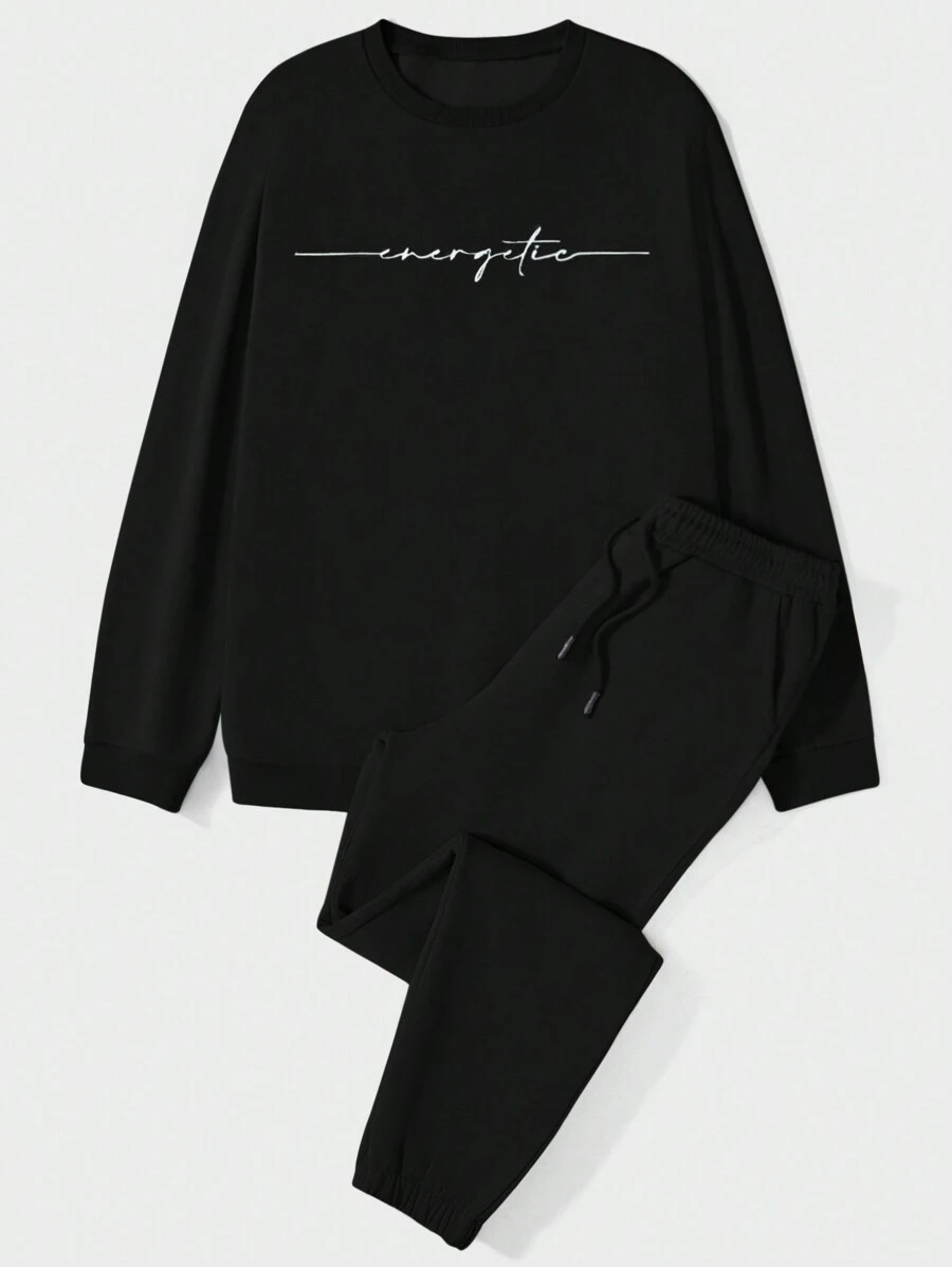 SHEIN Cottnline Men's Casual Letter Printed Sweatshirt And Sweatpants Set - Black - View 1