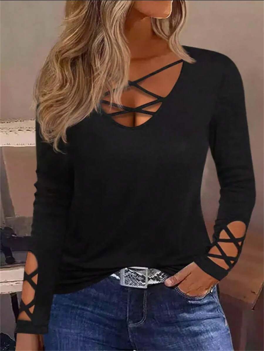 SHEIN LUNE Solid Criss Cross Tee - Black - View 1