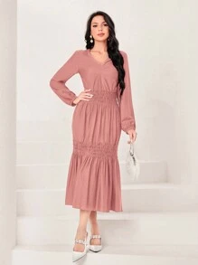 Seusyu Solid Ruffle Hem Dress - Pink - View 3