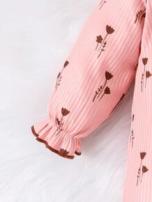 Baby Girl Floral Print Ruffle Trim Flounce Sleeve Jumpsuit & Hat - Pink - View 3