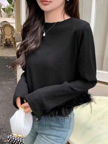 Dazy Star Women's Solid Color T-Shirt With Fringe Hem,Fall Clothes Long Sleeve Women Tops - Black - View 10