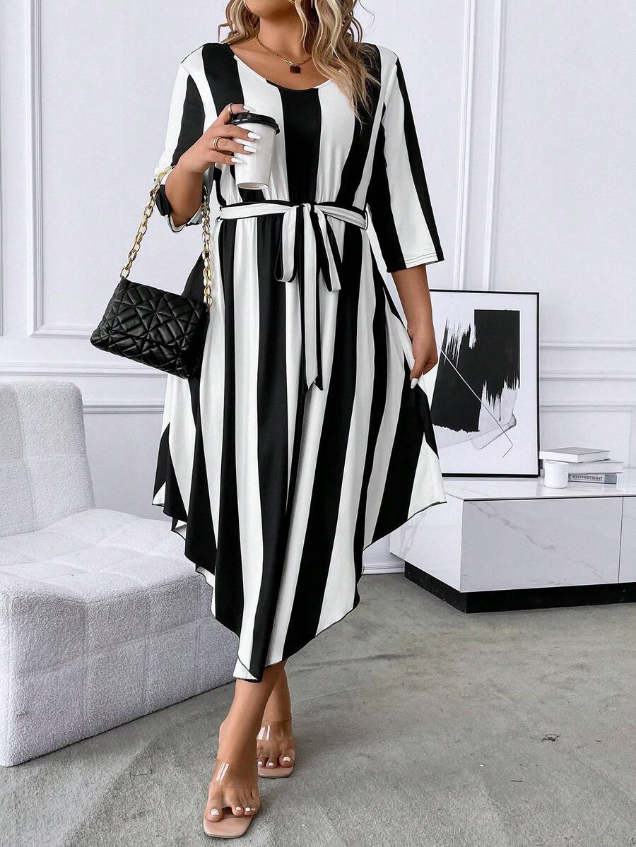 SHEIN LUNE Hơn In sọc Váy có thắt lưng - Đen và trắng - Xem 1