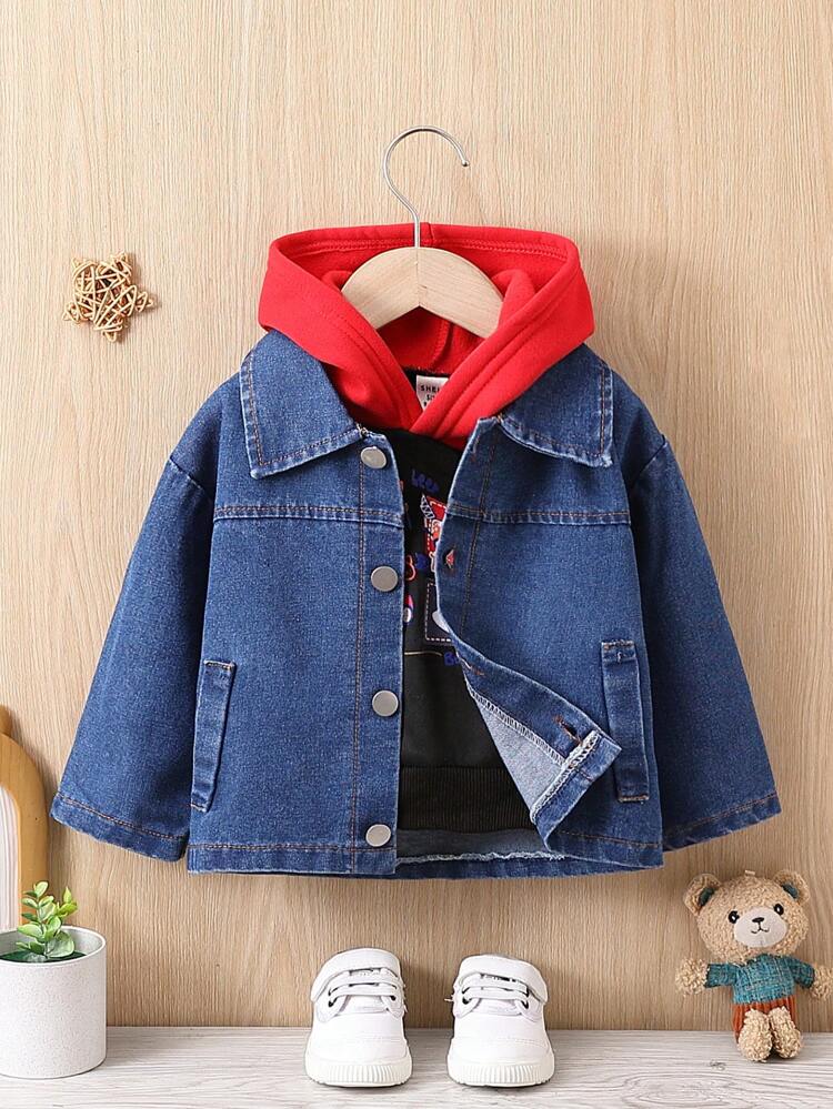 Baby Boy Solid Button Front Jacket & Letter Graphic Contrast Hoodie