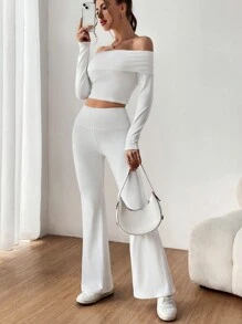SHEIN EZwear Primavera Bianca Y2k Fuori Spalla E Crop Tee & Pantaloni A Zampa Di Due Pezzi - Bianco - Visualizzare 3