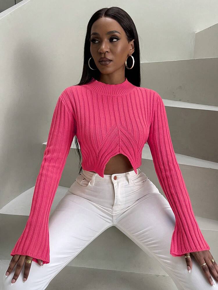 Mock Neck Asymmetrical Hem Crop Knit Pullover Fall Winter Sweater