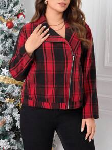 SHEIN Essnce Hơn In kẻ sọc Cổ áo Dây kéo Áo khoác moto - Đỏ - Xem 3