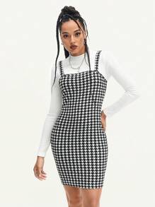 SHEIN EZwear Ribbed Knit Tee & Houndstooth Cami Dress - Black and White - View 4