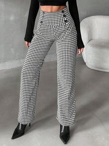 SHEIN Cottnline Women's Houndstooth Pattern Button Detail Straight Leg Pants - Black and White - View 1
