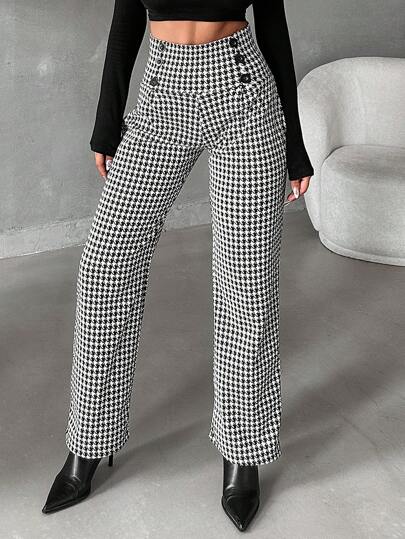SHEIN Cottnline Women's Houndstooth Pattern Button Detail Straight Leg Pants