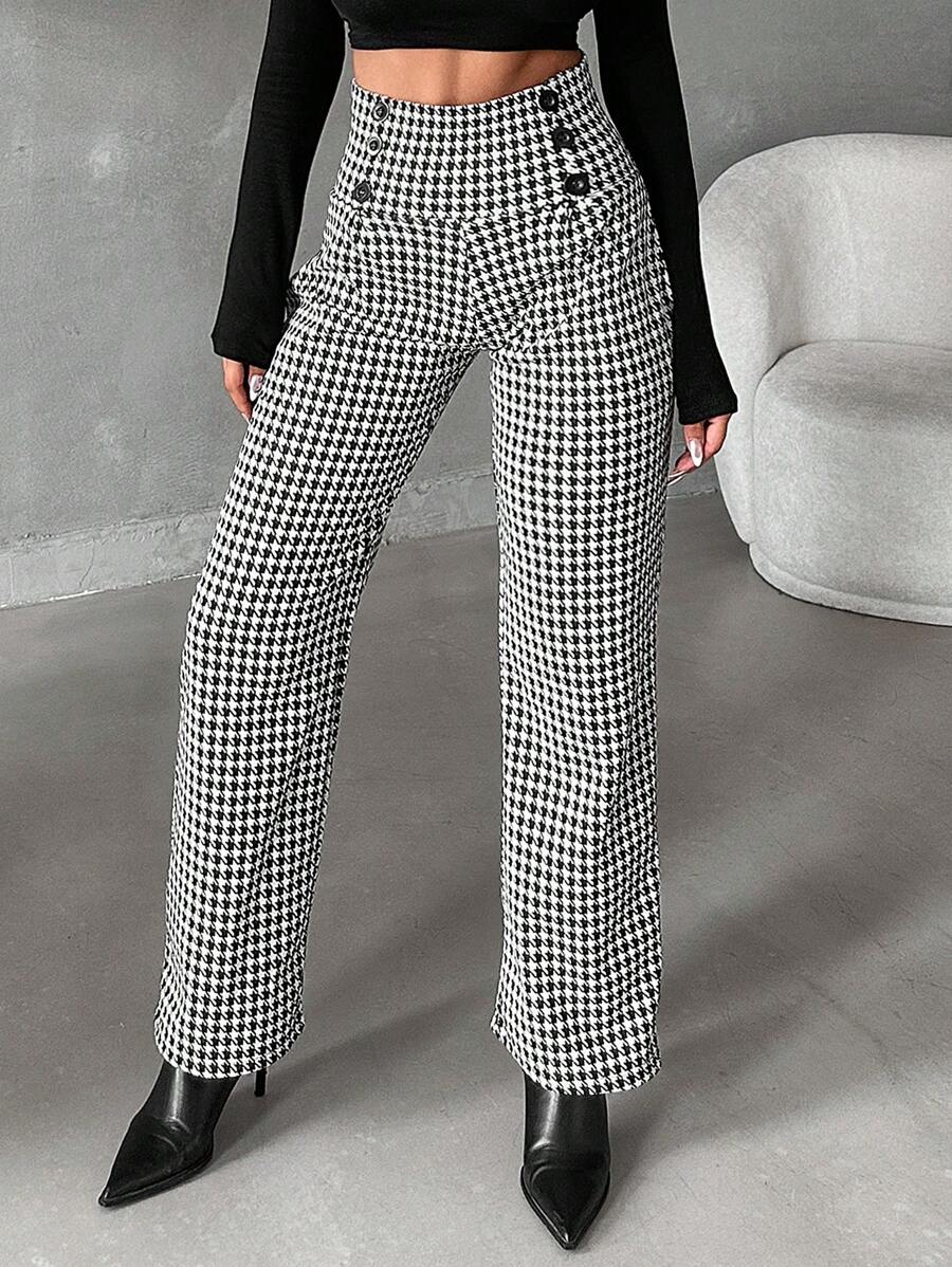 SHEIN Cottnline Women's Houndstooth Pattern Button Detail Straight Leg Pants - Black and White - View 1