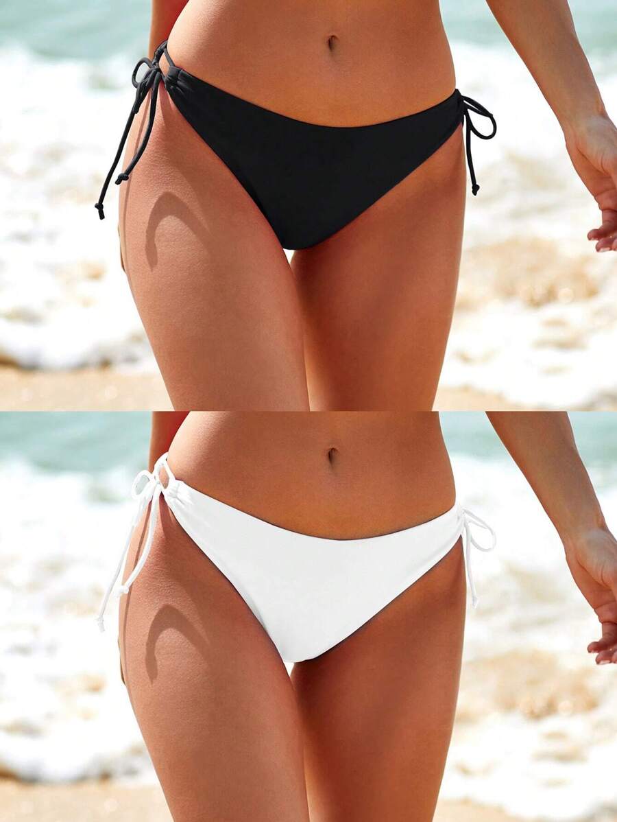Swim Basics 2pcs Women's Lace-Up Bikini Bottom, Black & White Combination