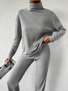 SHEIN Cottnline Turtleneck Drop Shoulder Tee & Pants - Grey - View 6