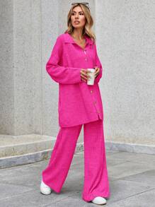 EURMUSE Women'S Drop Shoulder Button-Front Sweater + Pants Two-Piece Set - Pink - View 3