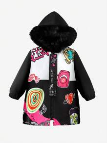 SHEIN Abrigo acolchado con capucha, ribete de borreguillo, gráfico de dibujos animados y letras para niña joven