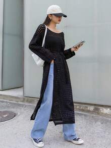 DAZY 落肩袖高衩鏤空針織腰帶毛衣洋裝 - 黑色 - 查看 2