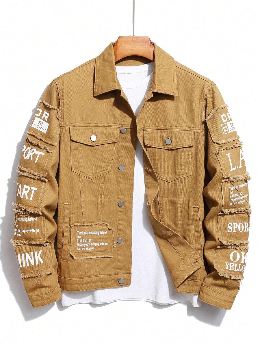 Manfinity EMRG 男士標語圖案翻蓋口袋牛仔夾克不帶T恤 - 卡其色 - 查看 1