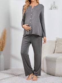 Moonlight&Mama Maternity Button Front Lounge Set For Mother Cozy And Elegant Details, Fall & Winter Clothes Outfit - Dark Grey - View 3