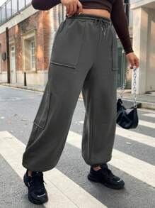 Flirla Plus Drawstring Waist Slant Pocket Sweatpants - Dark Grey - View 1