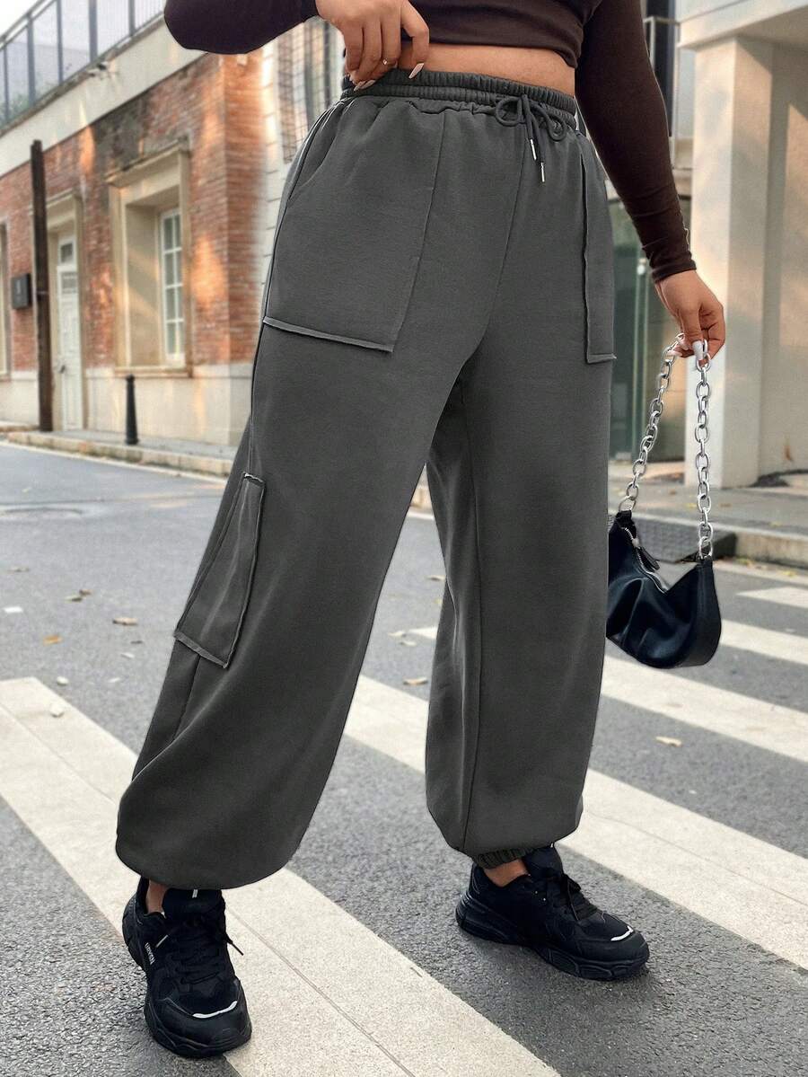 Flirla Plus Drawstring Waist Slant Pocket Sweatpants - Dark Grey - View 1