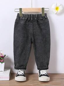 SHEIN 度假风格可爱休闲宽松彩色花卉刺绣女婴蓝色牛仔喇叭裤 - 黑色 - 查看 2