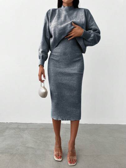 EURMUSE Mock Neck Drop Shoulder Sweater & Knit Dress