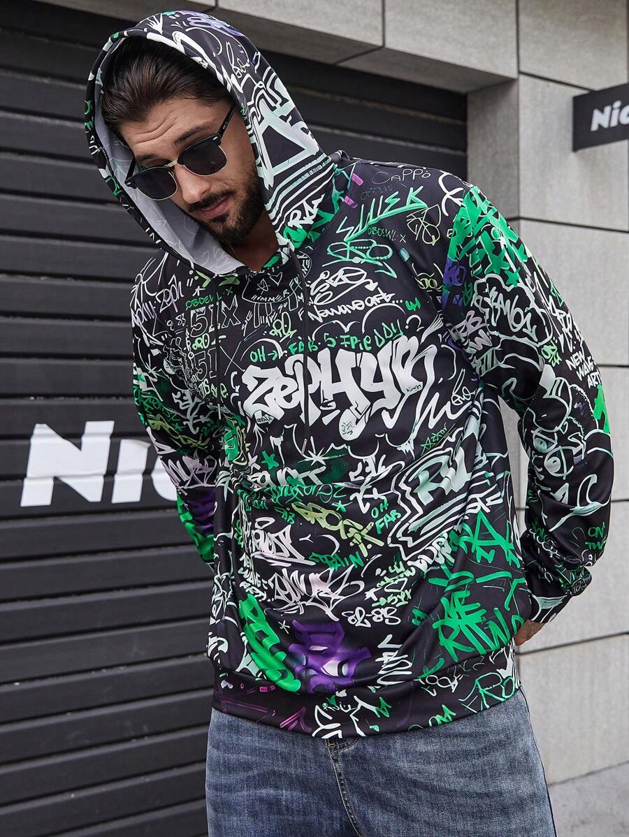 Extended Sizes Men Plus Graffiti Print Drawstring Hoodie - Black - View 1