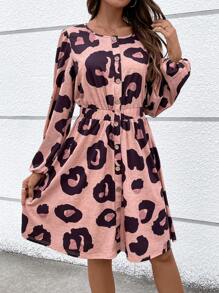 SHEIN LUNE Allover Print Button Front Lantern Sleeve Dress Fall Cloth For Women - Multicolor - View 5
