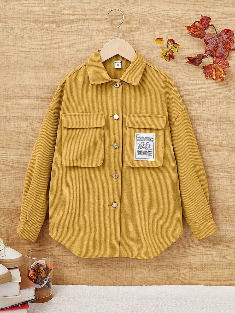 SHEIN 女大童字母貼布翻蓋口袋燈芯絨大衣 - 黃色 - 查看 1