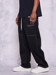 SUMWON 街头阔腿运动裤对比缝线抽绳运动休闲健身运动休闲秋季裤子运动休闲宽松休闲 - 黑色 - 查看 1