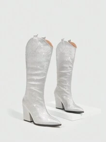 Giày nữ thời trang Full Rhinestone Bạc Chunky Gót Giày Tây Ngày Valentine - Bạc - Xem 5